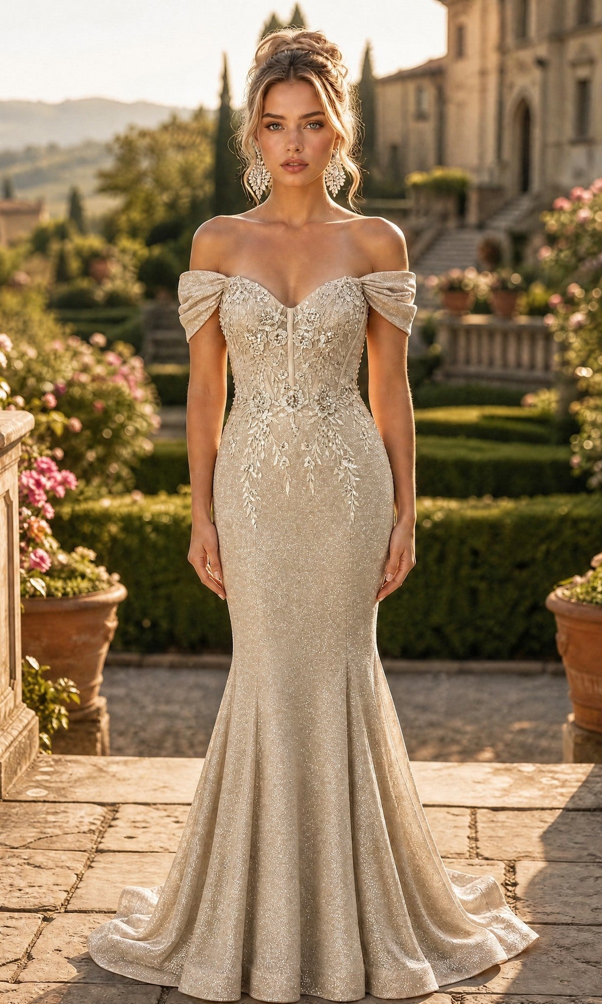 A woman stands outdoors wearing the Long Prom Dress: Chicas J066, a fitted, off-the-shoulder gown in champagne gold. This mermaid silhouette features intricate floral embroidery and a flared skirt that sweeps gracefully against a garden and stone building backdrop. The look is finished with a delicate lace-up back, enhancing the ensemble’s elegance and charm.